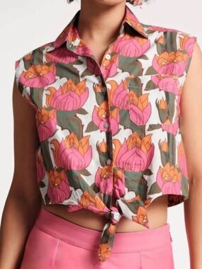 NWT FRANCES VALENTINE SLEEVELESS RIZZO TIE TOP IN FIREFLOWER PATTERN